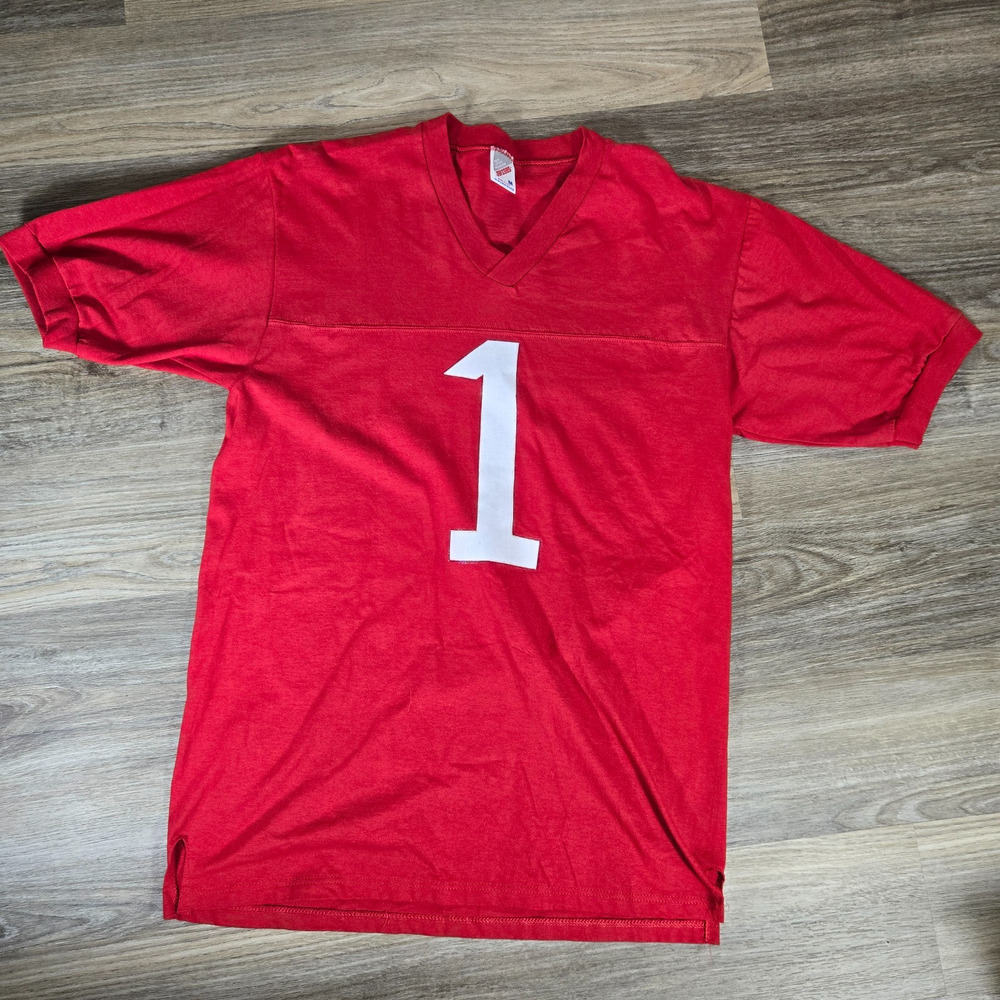 Vintage Jerzees T Shirt Mens M Red #1 Teacher Made in USA Cotton Jersey 90s Tee